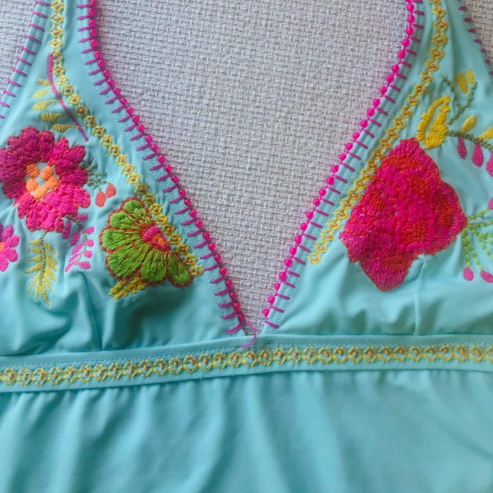 Gorgeous Embroidered OndadeMar Deep V Neck in Scuba Blue